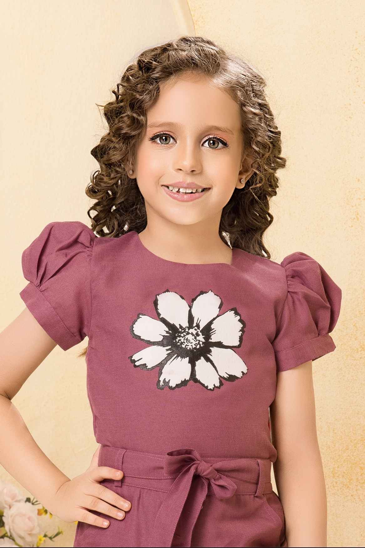 Dusky Pink Floral Printed Top And Pant Set For Girls