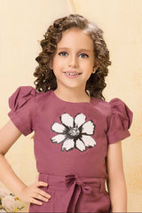 Dusky Pink Floral Printed Top And Pant Set For Girls