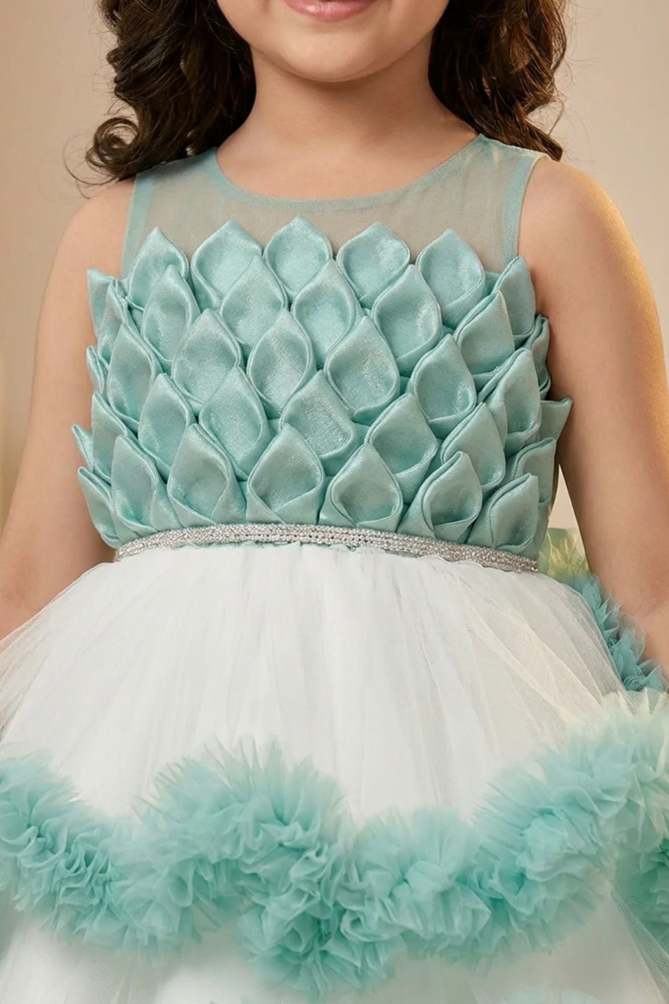Mint Green High-Low Party Wear Tulle Frock with Ruffle Layers For Girls