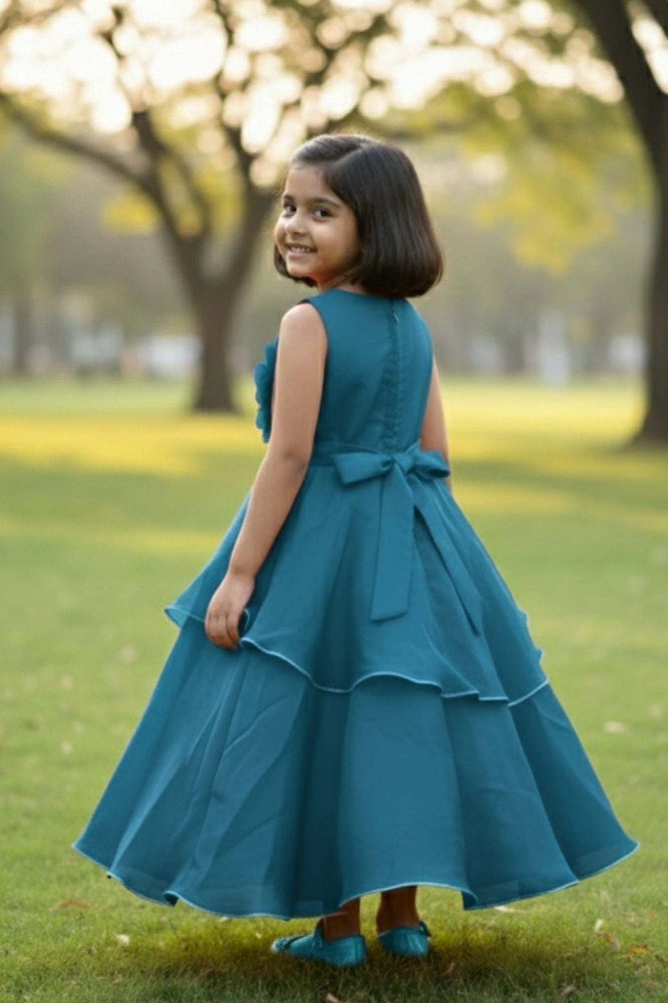 Blue Layered Party Gown with Oversized Floral Appliqué For Girls