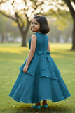 Blue Layered Party Gown with Oversized Floral Appliqué For Girls