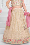 Beige and Pastel Pink Sequin Embroidered Lehenga Choli Set For Girls