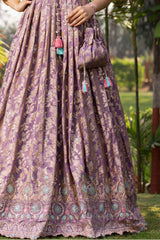 Lavender Embroidered Gown With Potli Bag For Girls