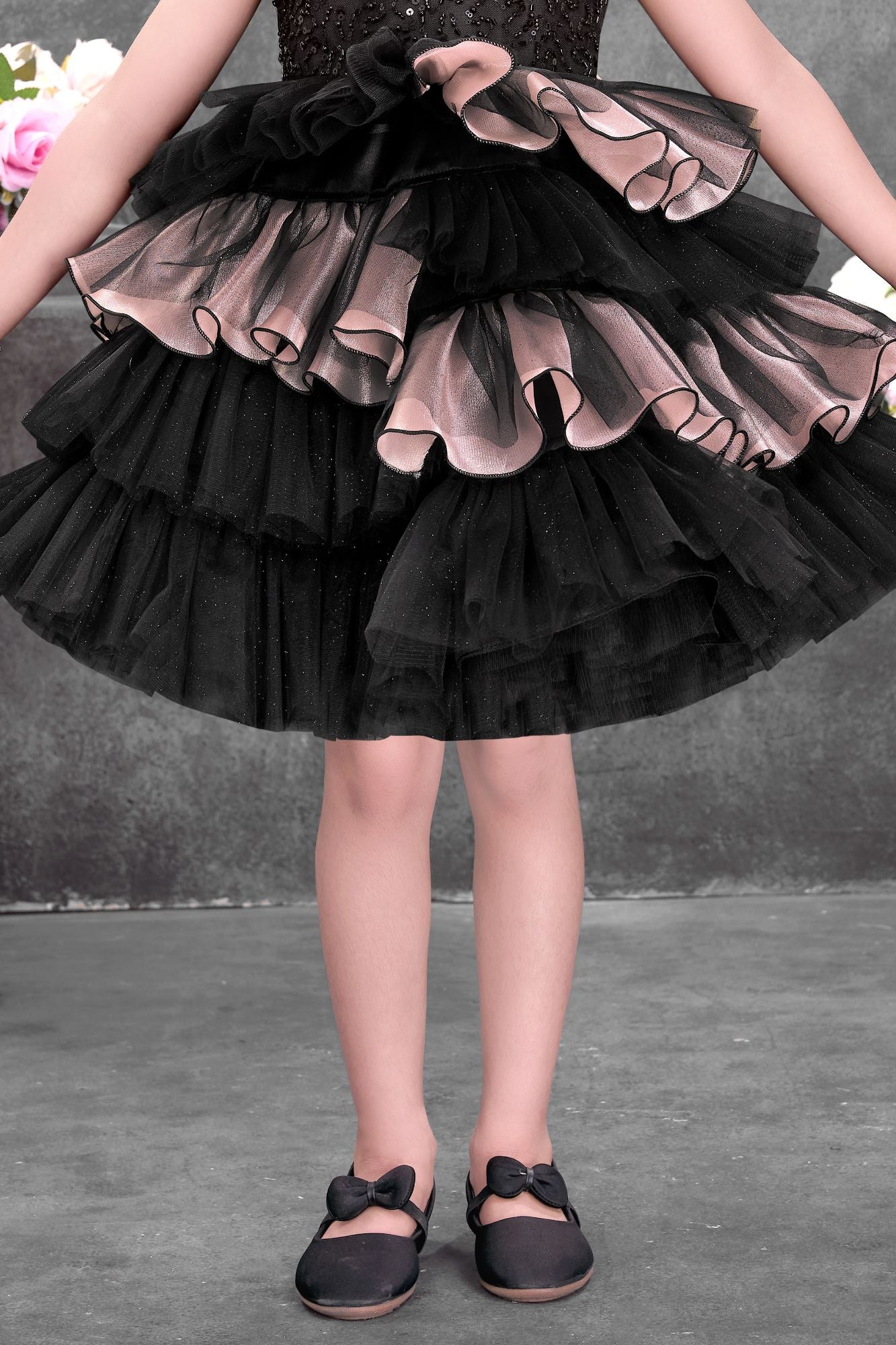 Girls Black Party Wear Frock with Sequin Bodice And Layered Ruffles