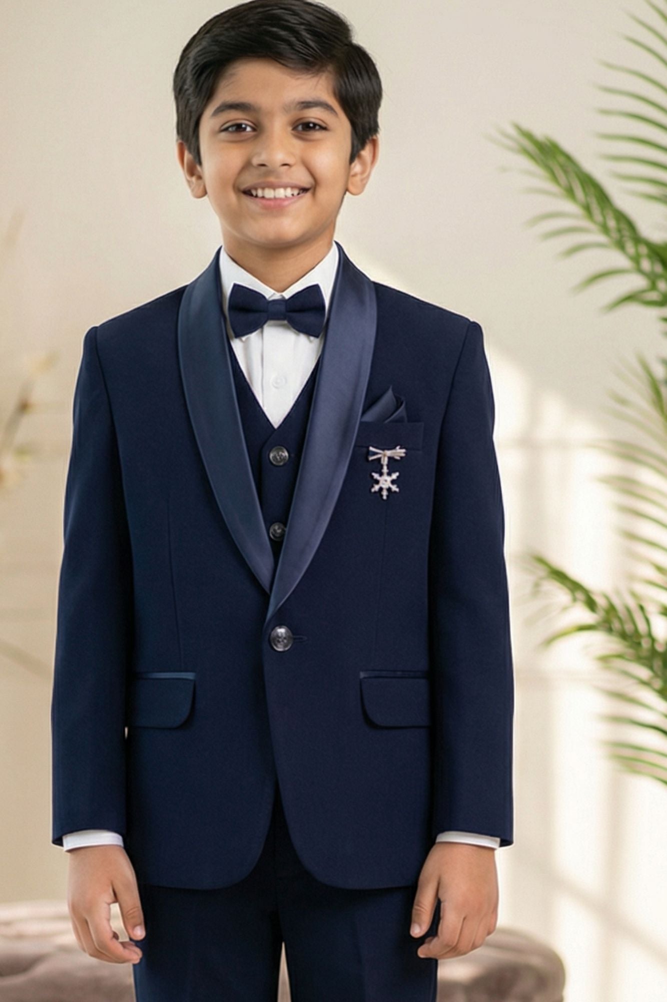 Navy Blue Embroidered 5-Piece Suit Set With Brooch For Boys