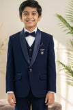 Navy Blue Embroidered 5-Piece Suit Set With Brooch For Boys