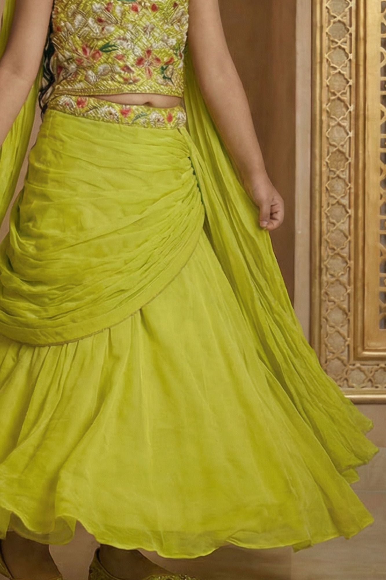 Green Embroidered Lehenga Choli Set For Girls