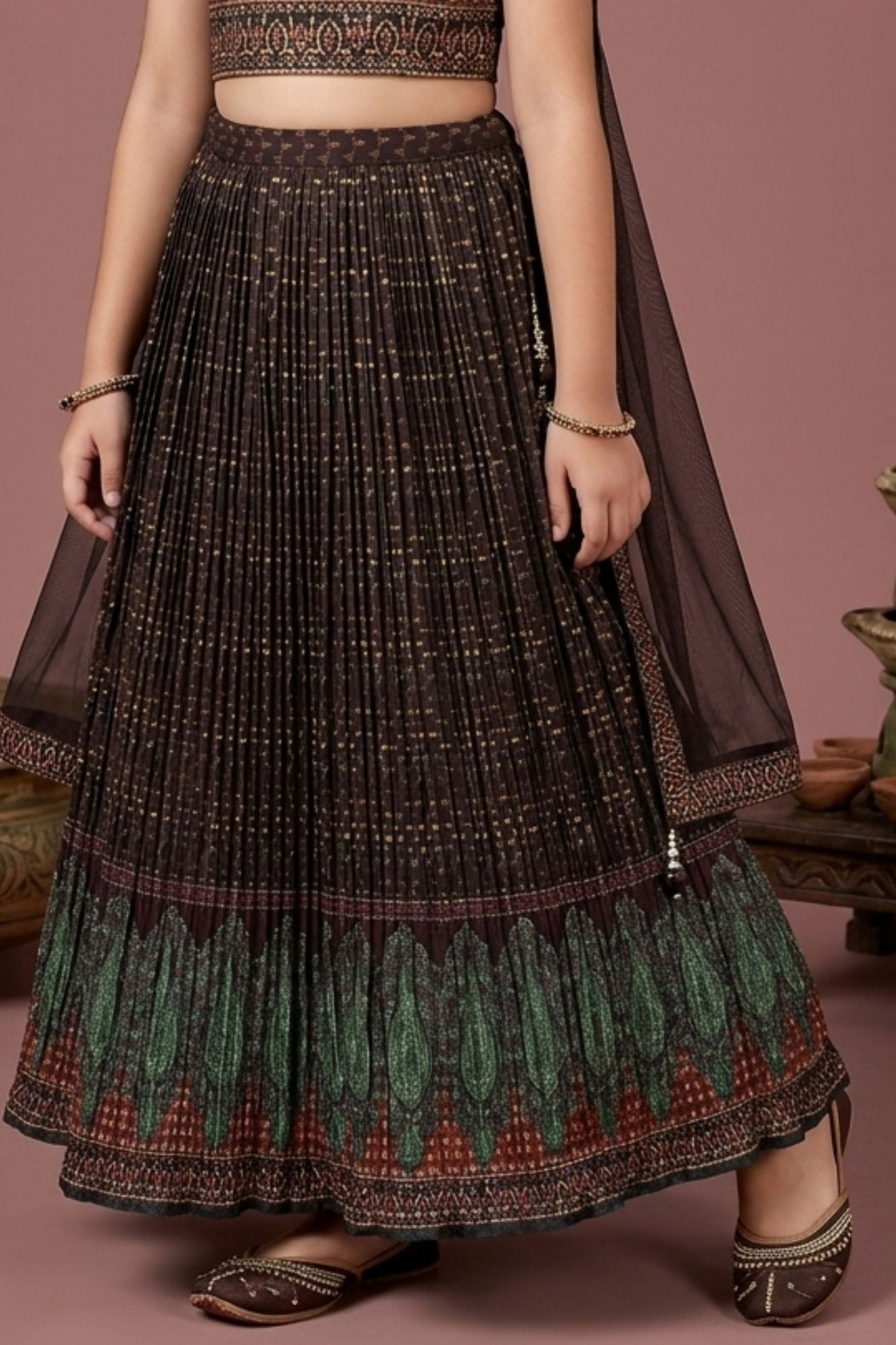 Black and Green Printed Crop Top with Pleated Lehenga and Dupatta For Girls