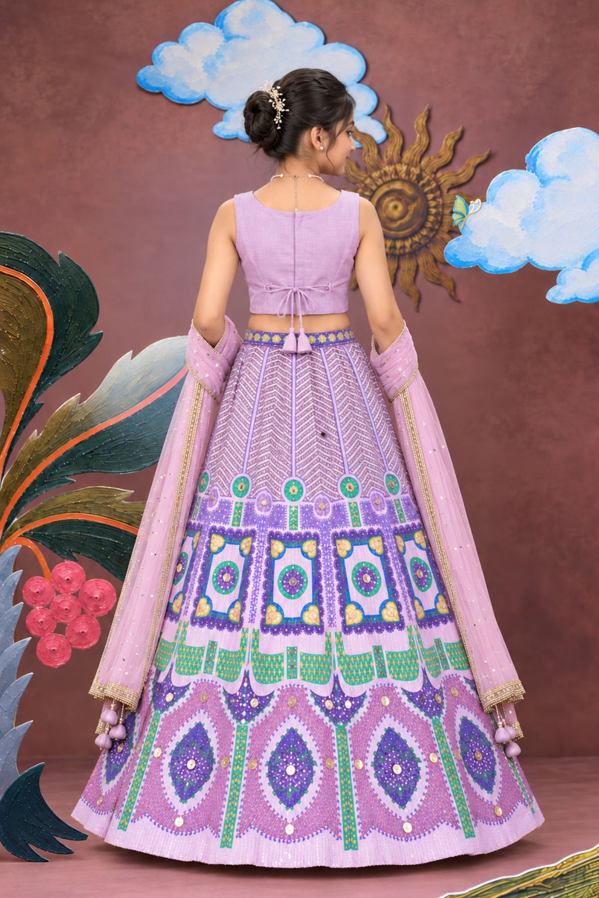 Girls Lavender And Purple Mosaic Mirror Work Embellished Lehenga Choli Set