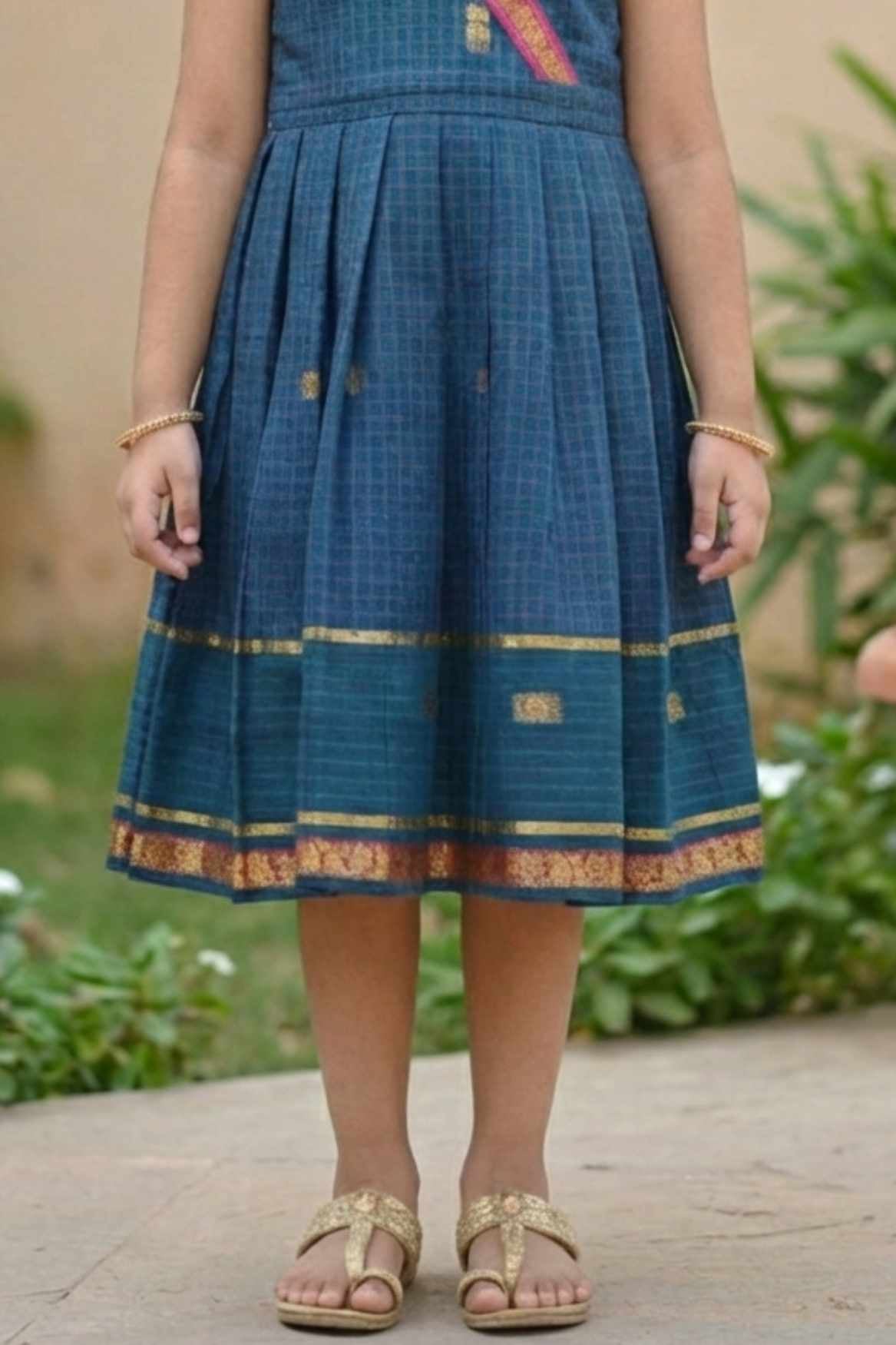 Bottle Green Traditional Dress with Zari Border For Girls