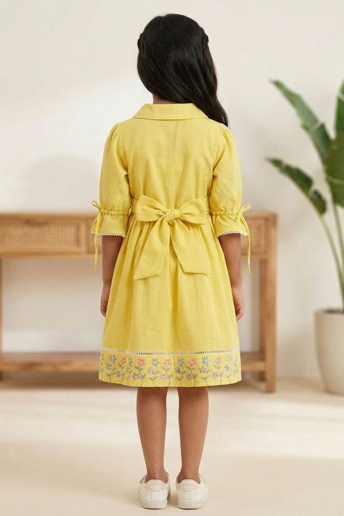 Bright Yellow Floral Embroidered Cotton Dress with Puff Sleeves For Girls 6-12M (16)