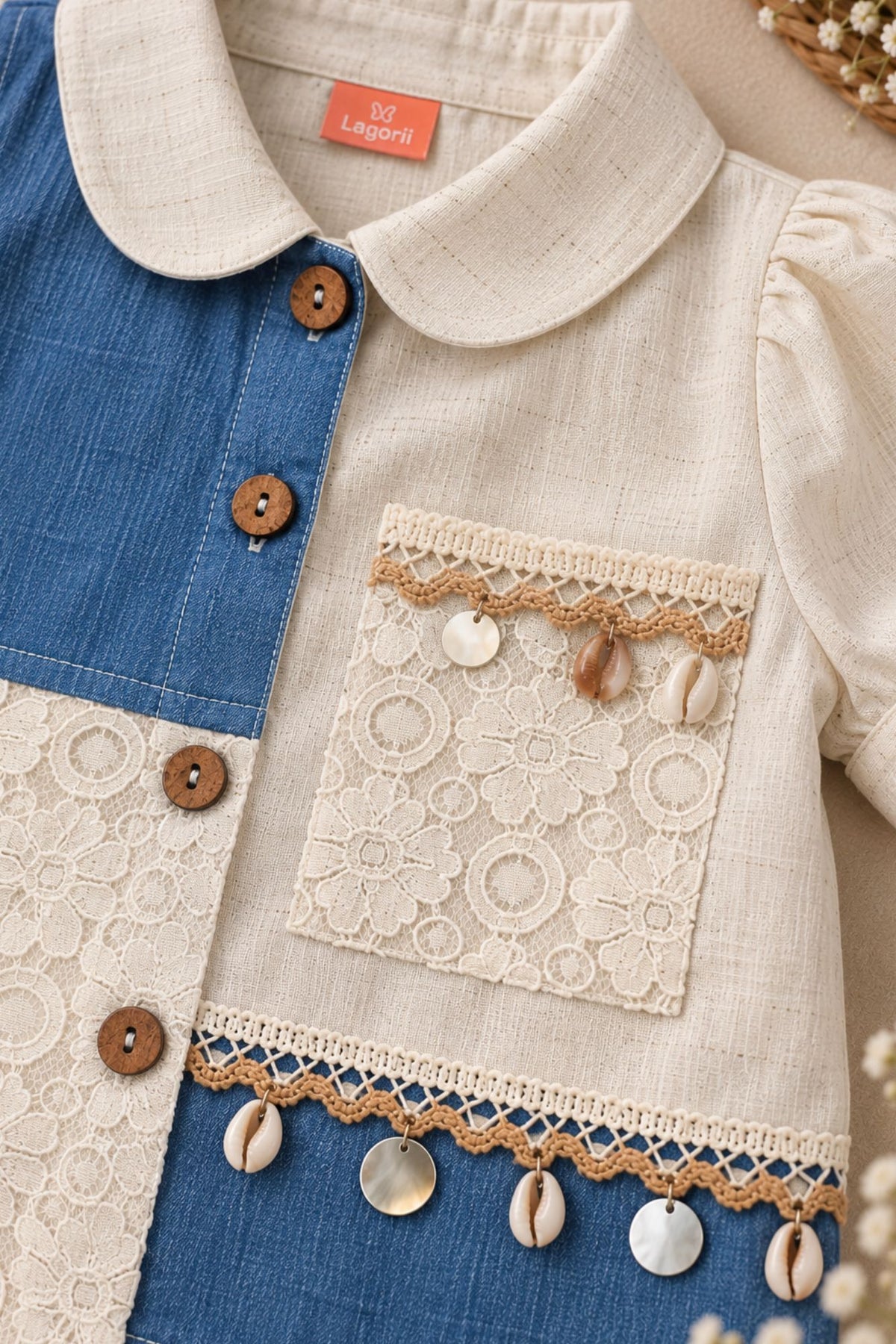 White And Blue Floral Crochet Lace Shirt With Wide-Leg Pant Co-ord Set