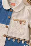 White And Blue Floral Crochet Lace Shirt With Wide-Leg Pant Co-ord Set
