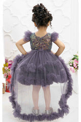 Mauve Frill Sleeves And sequin Embroidery With Floral Embellished Tail Back Frock For Girls