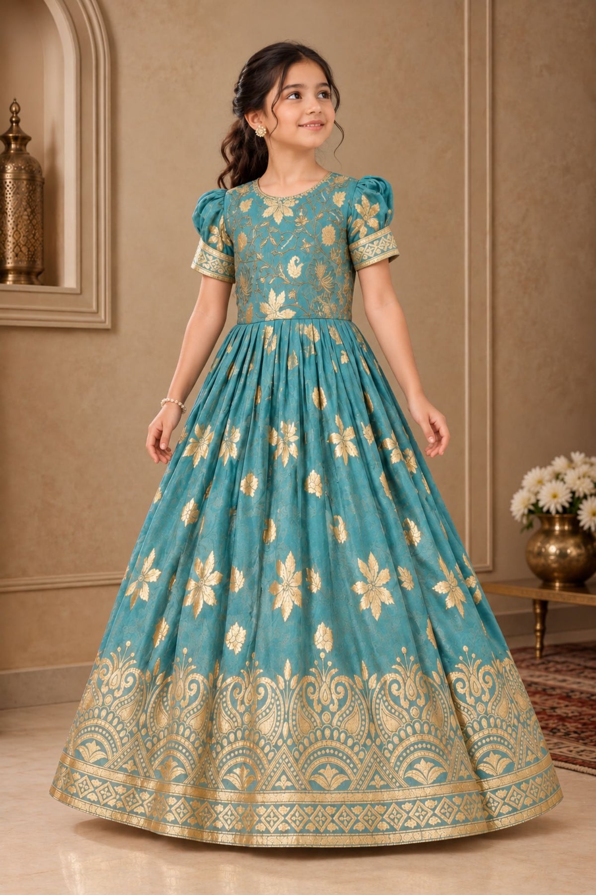 Blue Floral Brocade Ethnic Gown For Girls