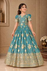Blue Floral Brocade Ethnic Gown For Girls