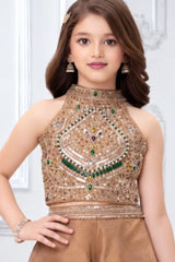 Girls Elegant Champagne Gold Sequin And Stone Embellished Palazzo Set