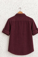 Boys Maroon Solid Double Pocket Shirt