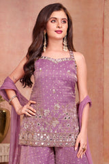 Girls Purple Mirror Embroidered Sleeveless Palazzo Set With Dupatta