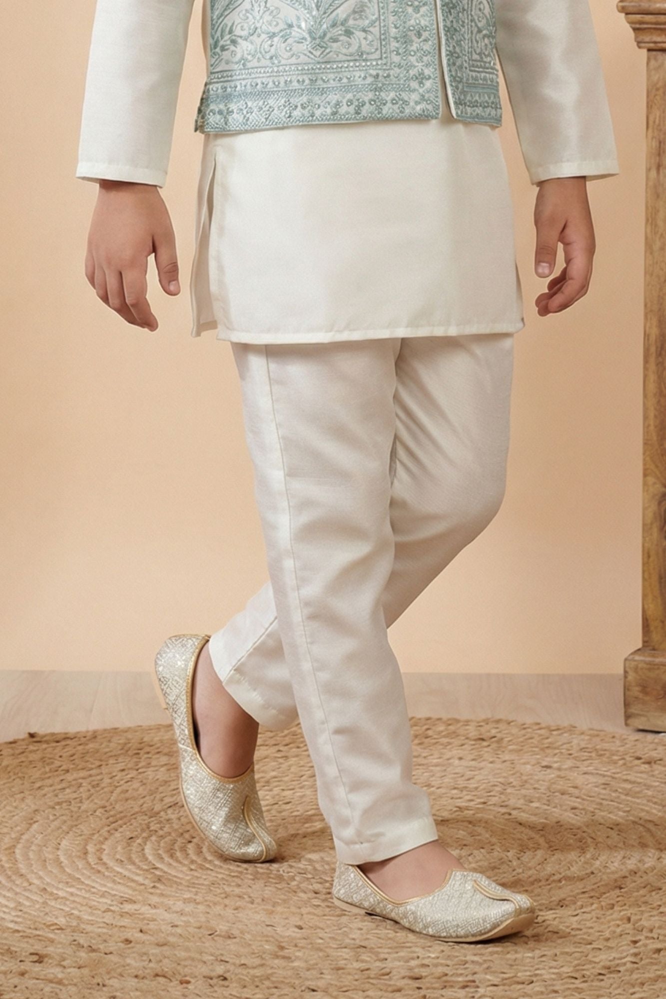 Cream Embroidered Kurta Set with Nehru Jacket For Boys