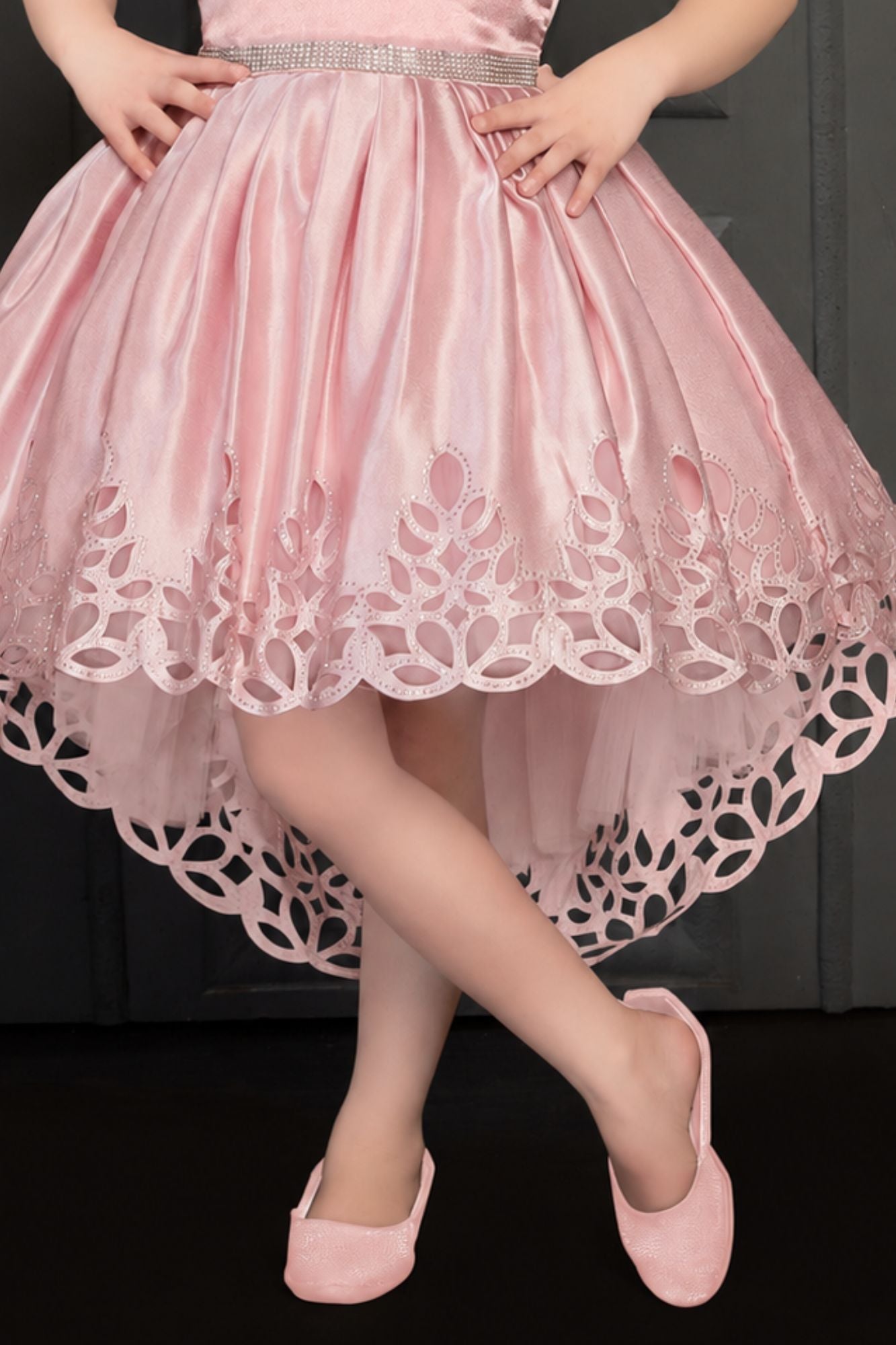 Girls Pink 3D Floral Cutwork High-Low Party Wear Frock