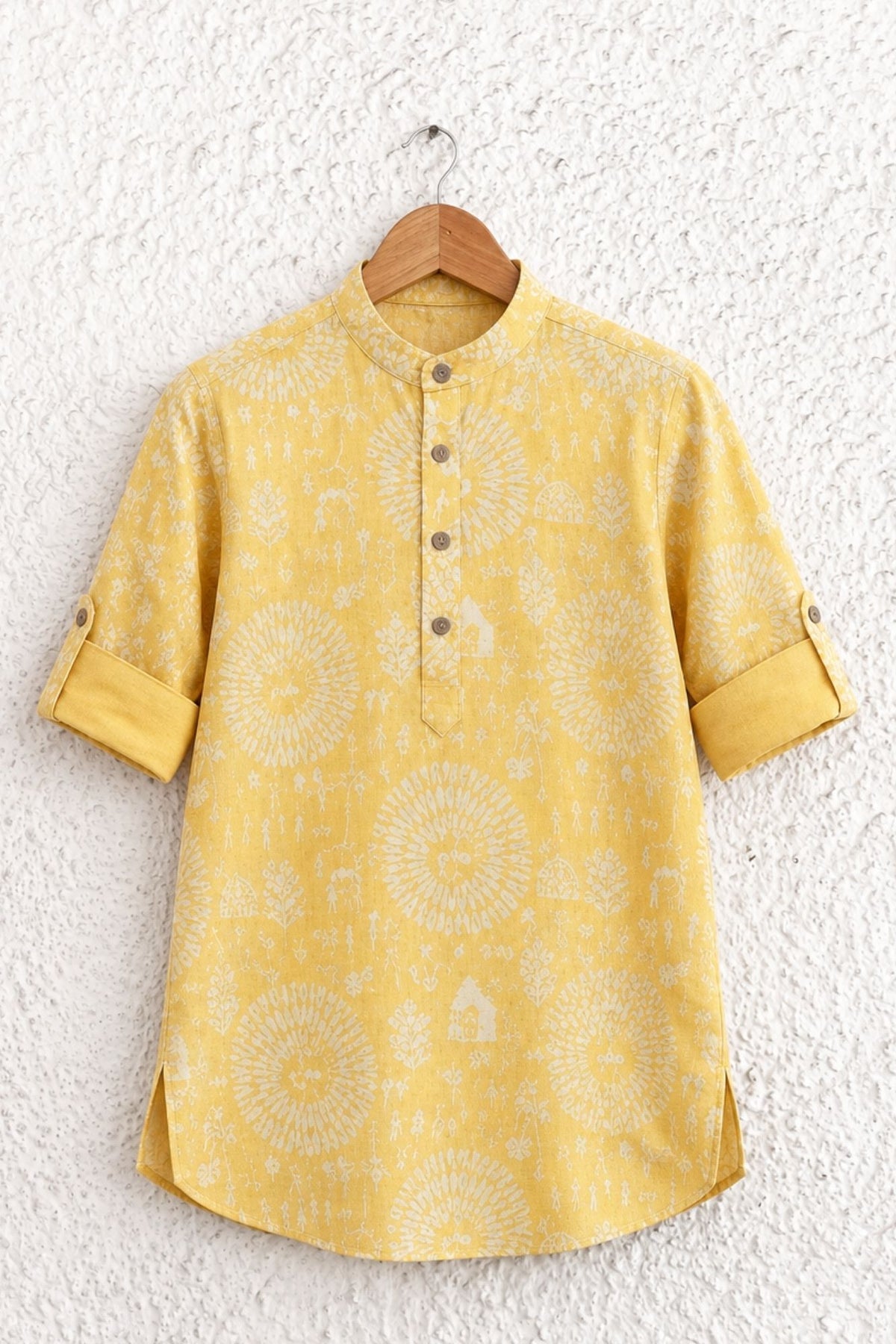 Yellow Warli Print Shirt with Mandarin Collar for Boys