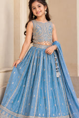 Elegant Girls Blue Silver Zari Embroidered Lehenga Choli Set with Dupatta