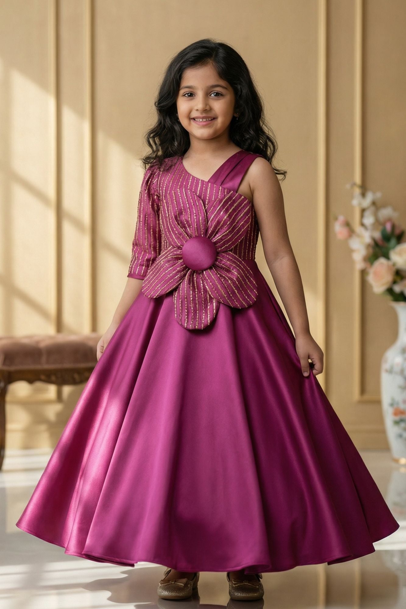 Magenta Floral Embellished Party Gown For Girls
