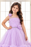 Lavender Layered Net Party Gown with Floral Ruffle Hem For Girls