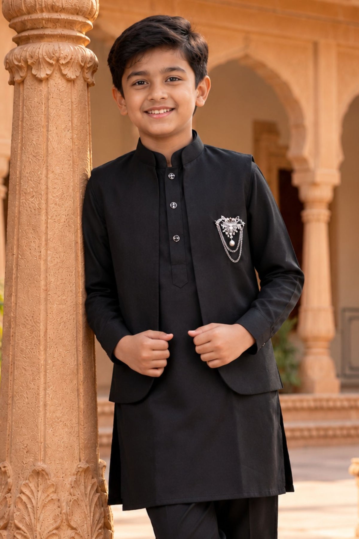 Boys Black Kurta Pajama Set with Nehru Jacket
