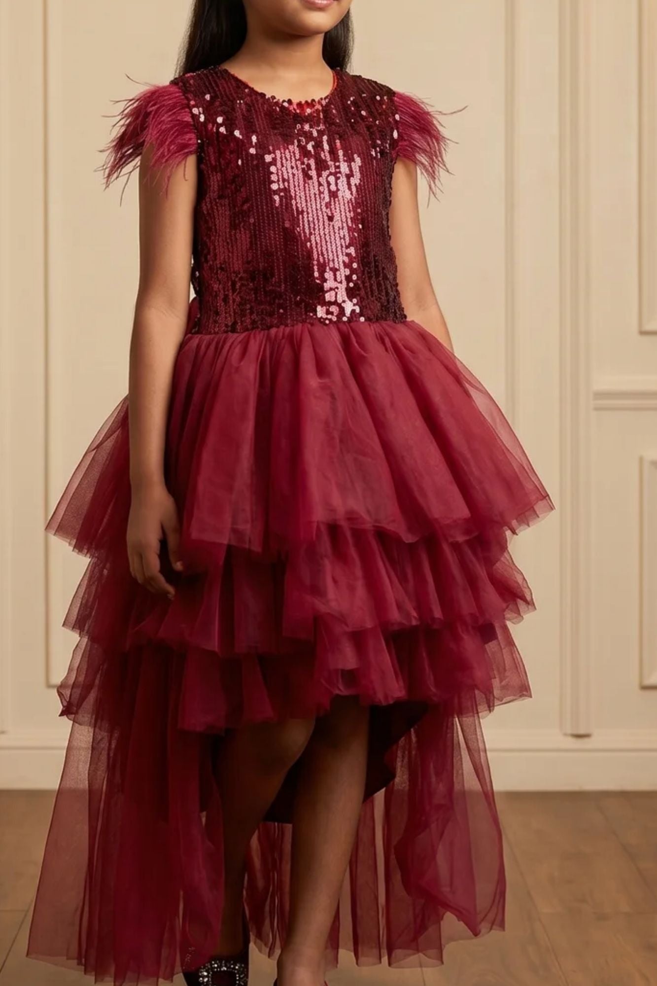 Girls Wine Red High-Low Sequin Party Wear Frock with Layered Net Ruffles