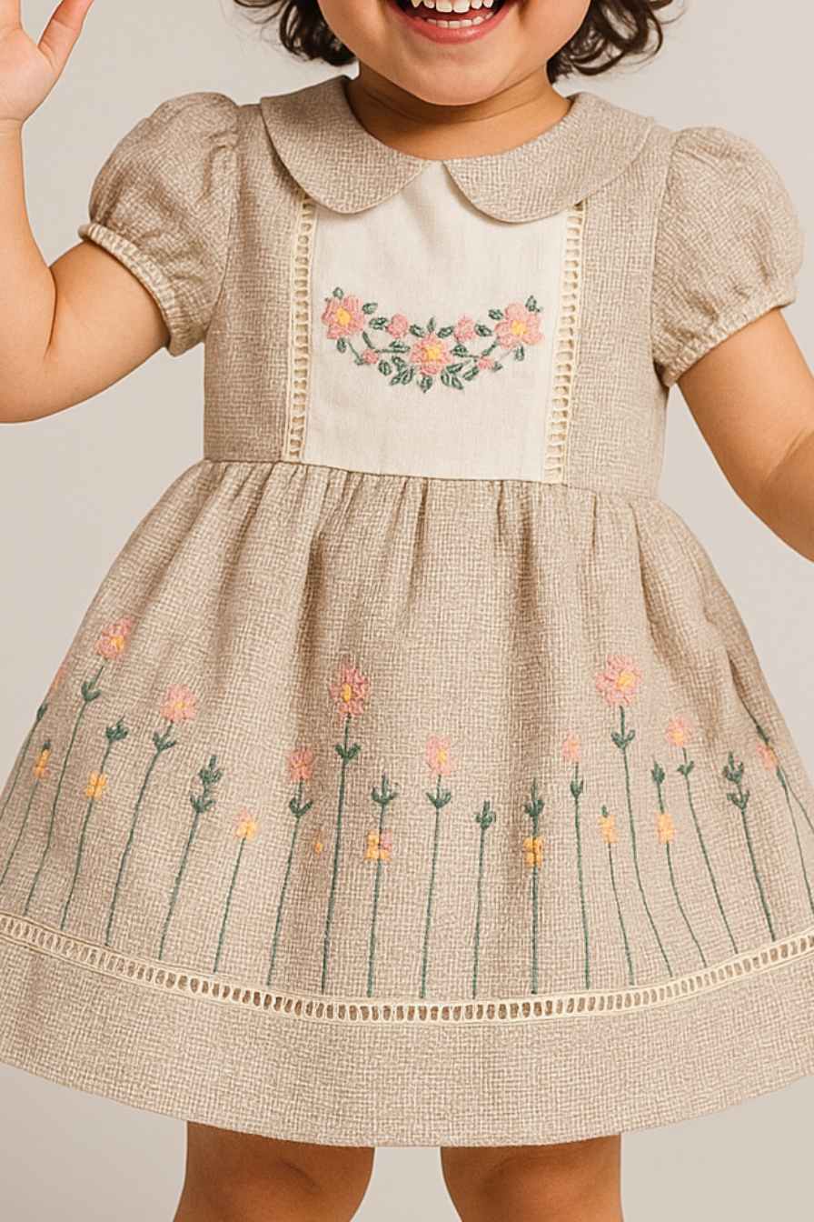 Beige Embroidered Cotton Frock for Girls