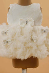 Cream Frock With Ruffled And Bow Embellished For Girls