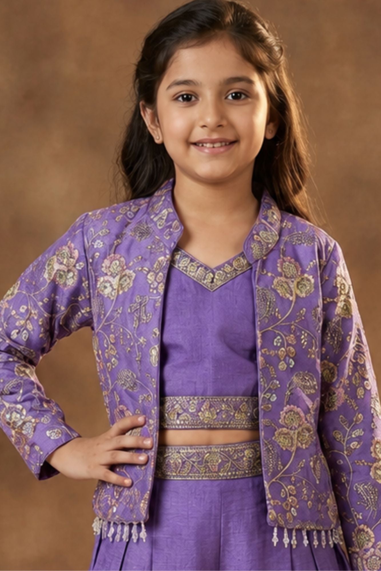 Purple Palazzo Set with Embroidered Jacket For Girls