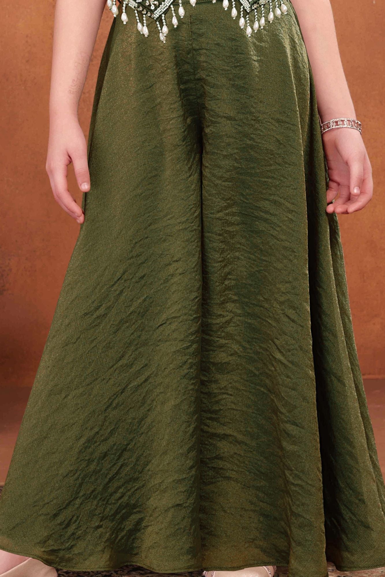Girls Olive Green Embroidered Palazzo Set With Dupatta