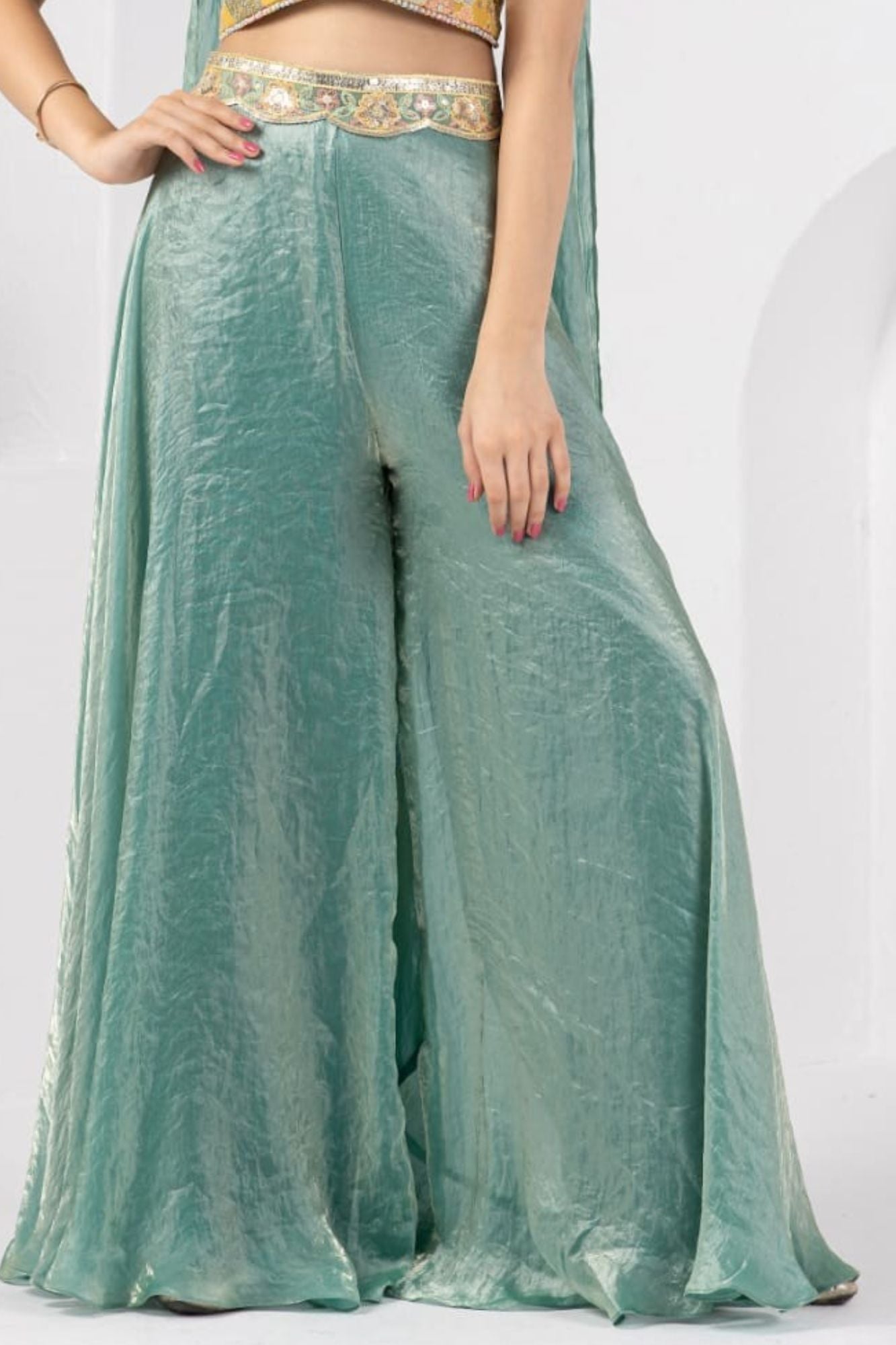 Mustard Yellow and Sage Green Embroidered Palazzo Set for Girls