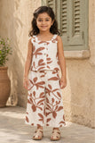 Girls White And Brown Floral Printed Co-Ord Set with Sleeveless Bow Strap Top And Flared Pants