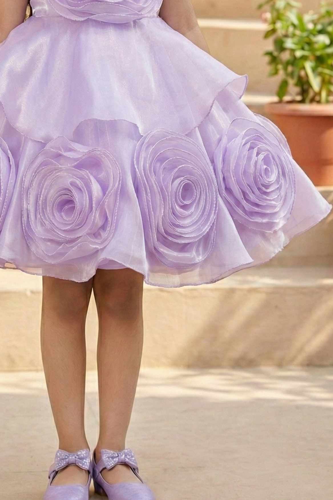 Lavender Embellished Party Wear Frock with 3D Rose Appliqué For Girls