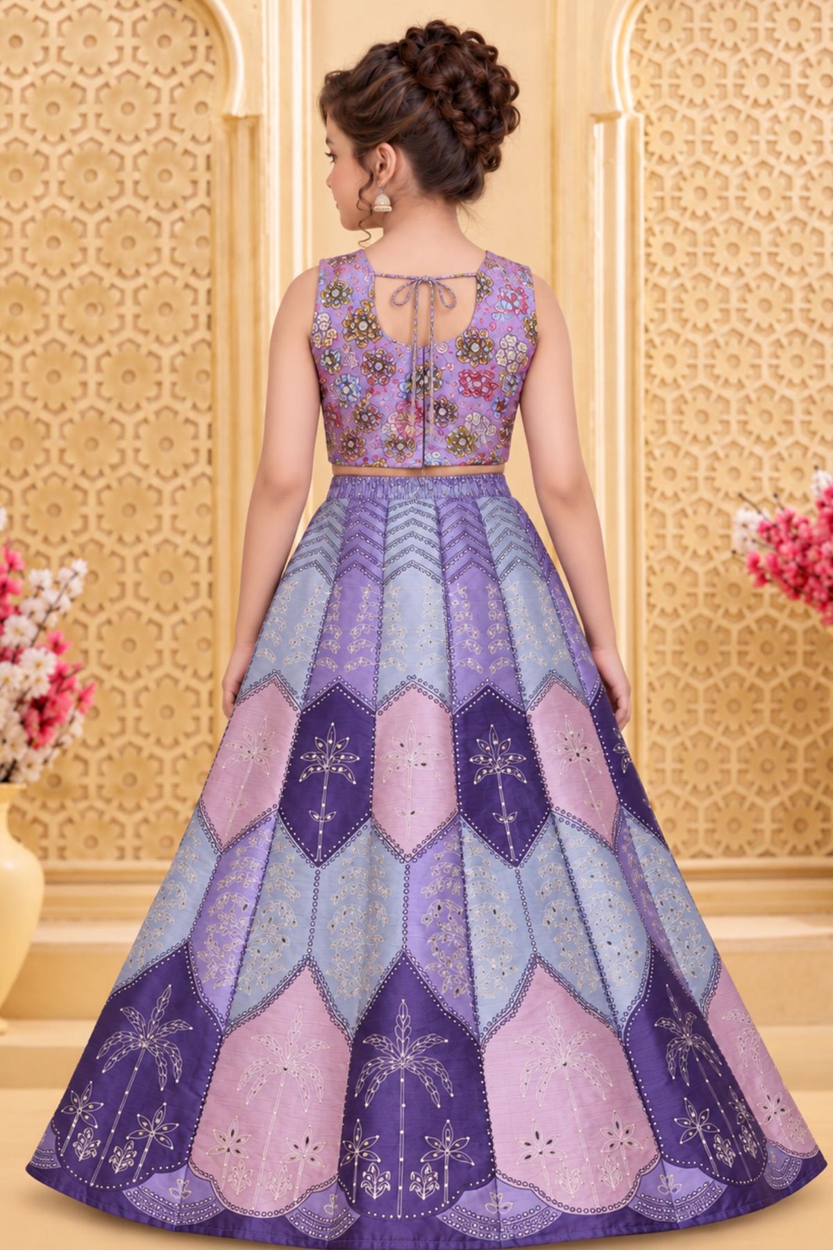 Girls Heavy Floral Embroidered Lavender Lehenga Choli Set with Dupatta