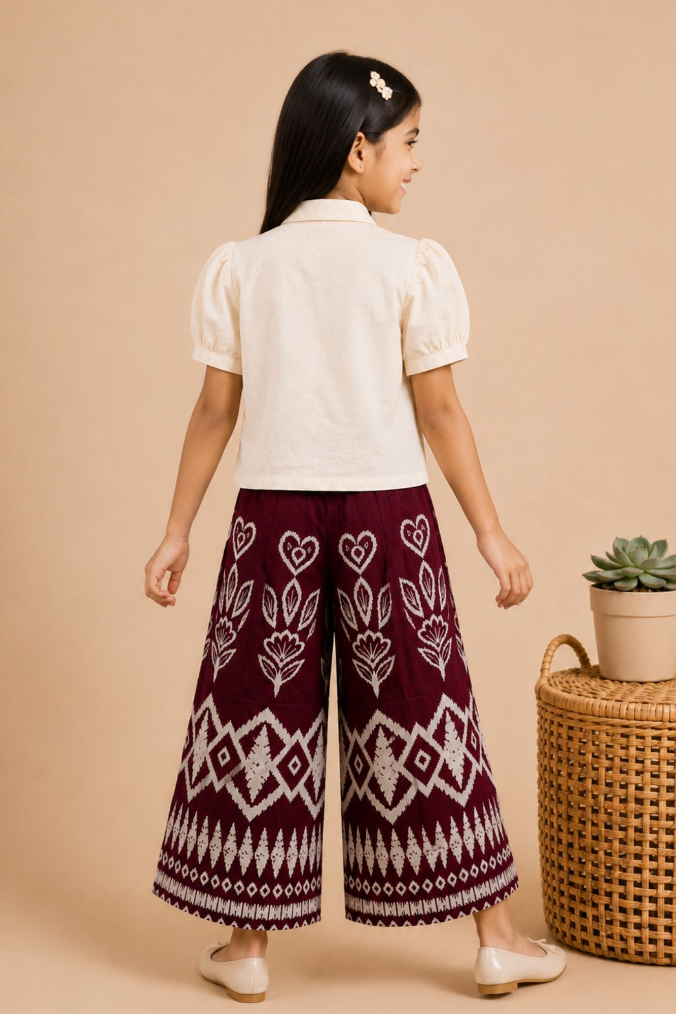 Girls Maroon Puff Sleeve Shirt Top And Printed Wide-Leg Culotte Co-Ord Set