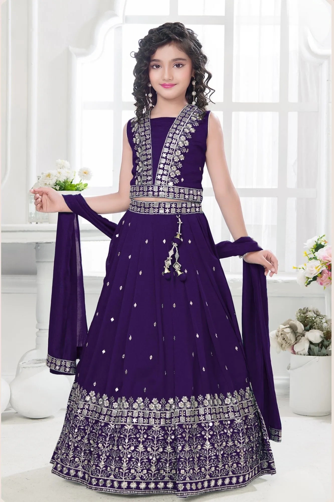 Royal Purple Embroidered Lehenga Choli Set with Dupatta For Girls