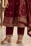 Girls Maroon Embroidered Sleeveless Kurta Set With Dupatta