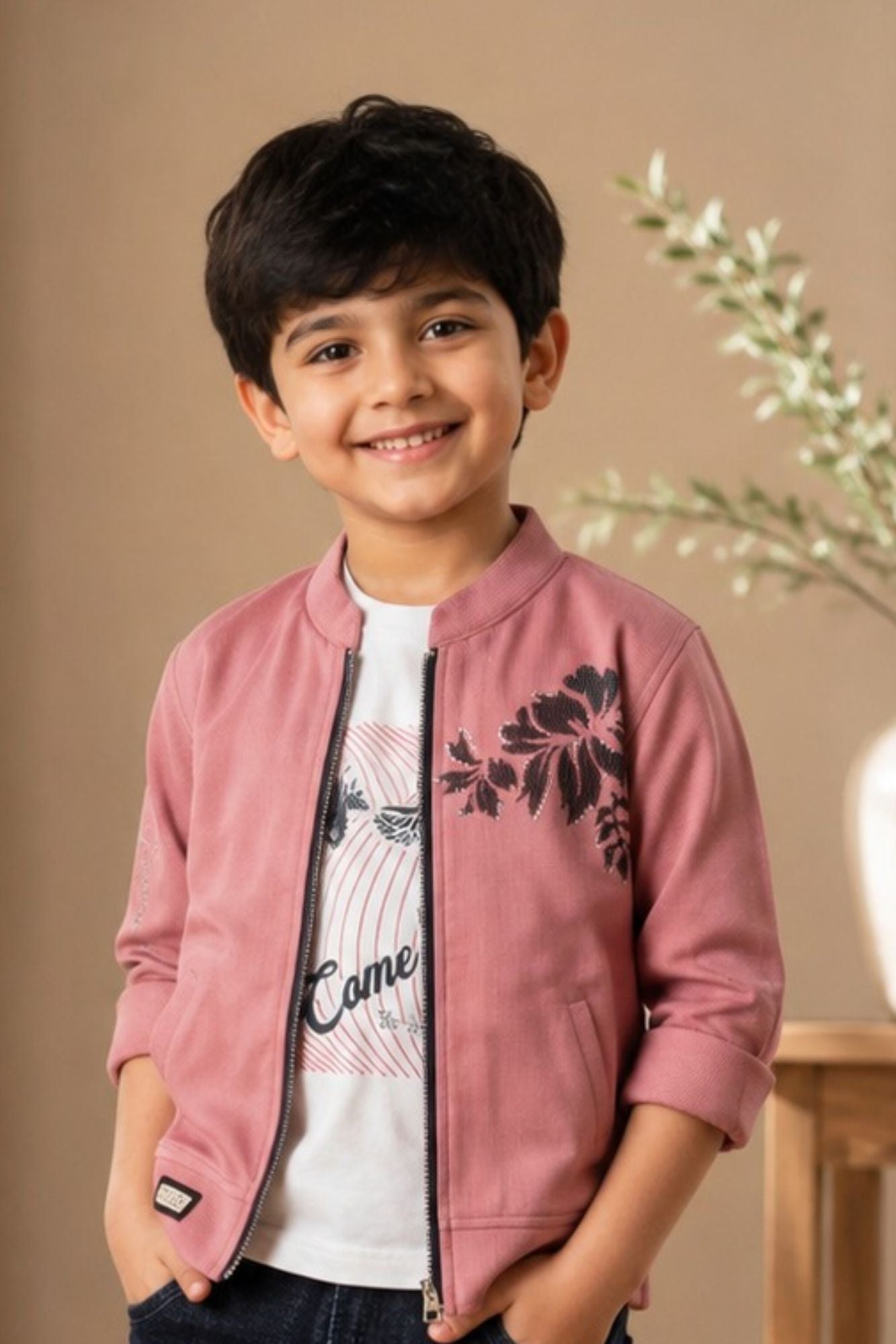 Boys Pink Printed Casual 3-Piece Set with T-Shirt, Jacket and Jeans