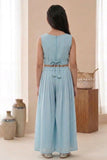 Blue Embroidered Palazzo Set With Mirror Work Jacket For Girls