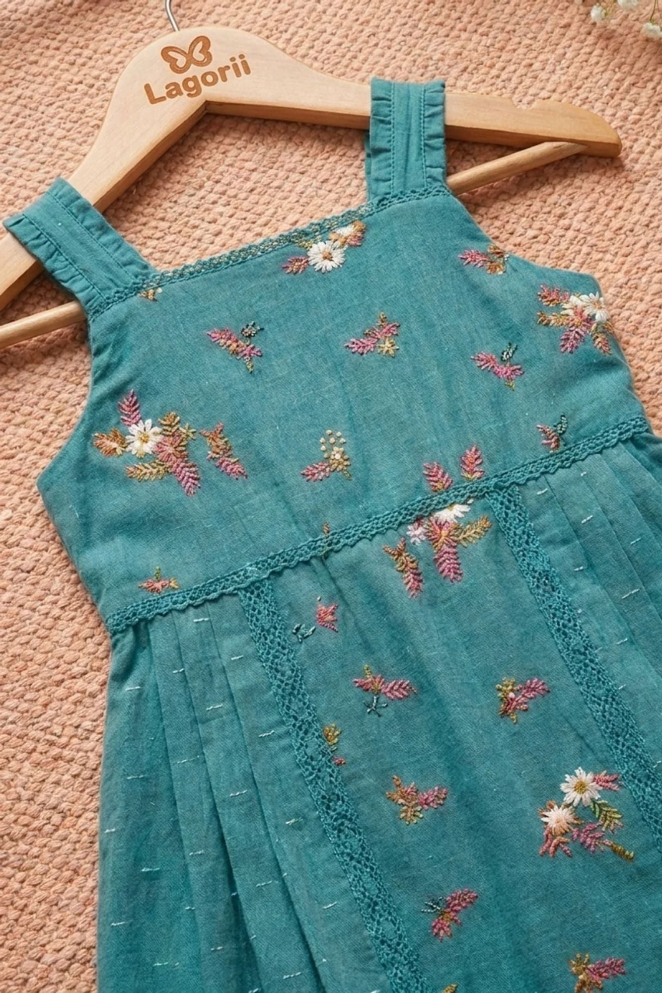 Girls Teal Green Floral Embroidered Sleeveless Dress with Lace Panels