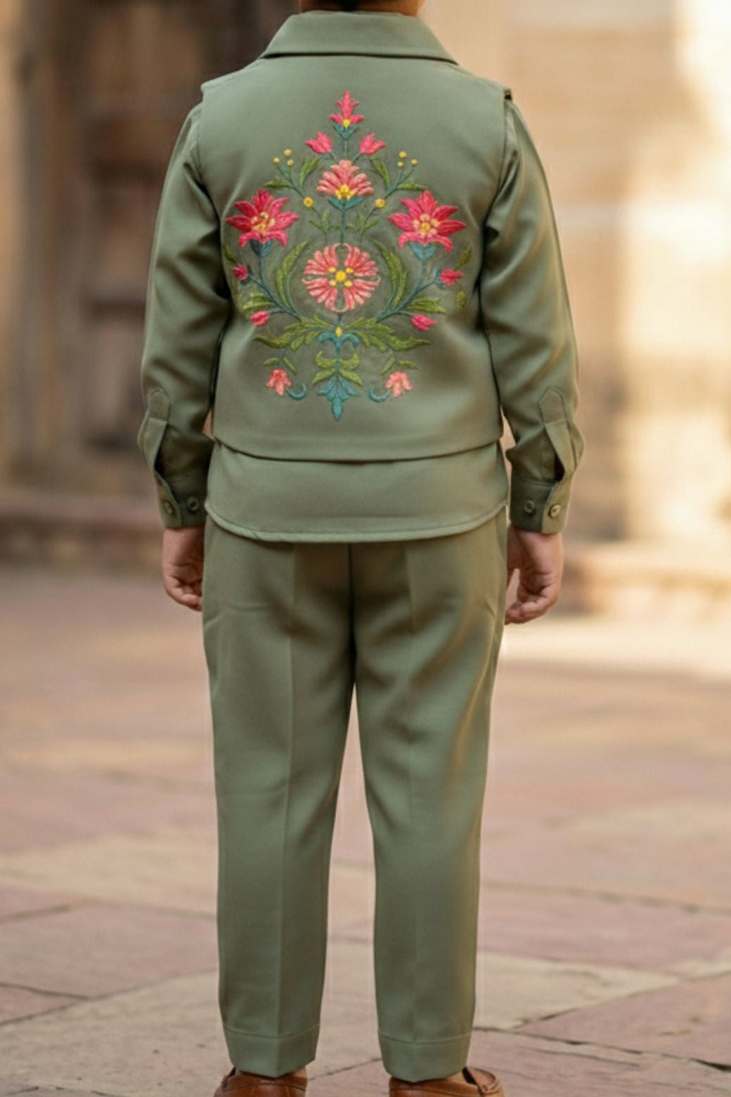 Olive Green Festive Kurta Pyjama Set with Jacket For Boys