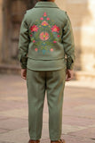 Olive Green Festive Kurta Pyjama Set with Jacket For Boys