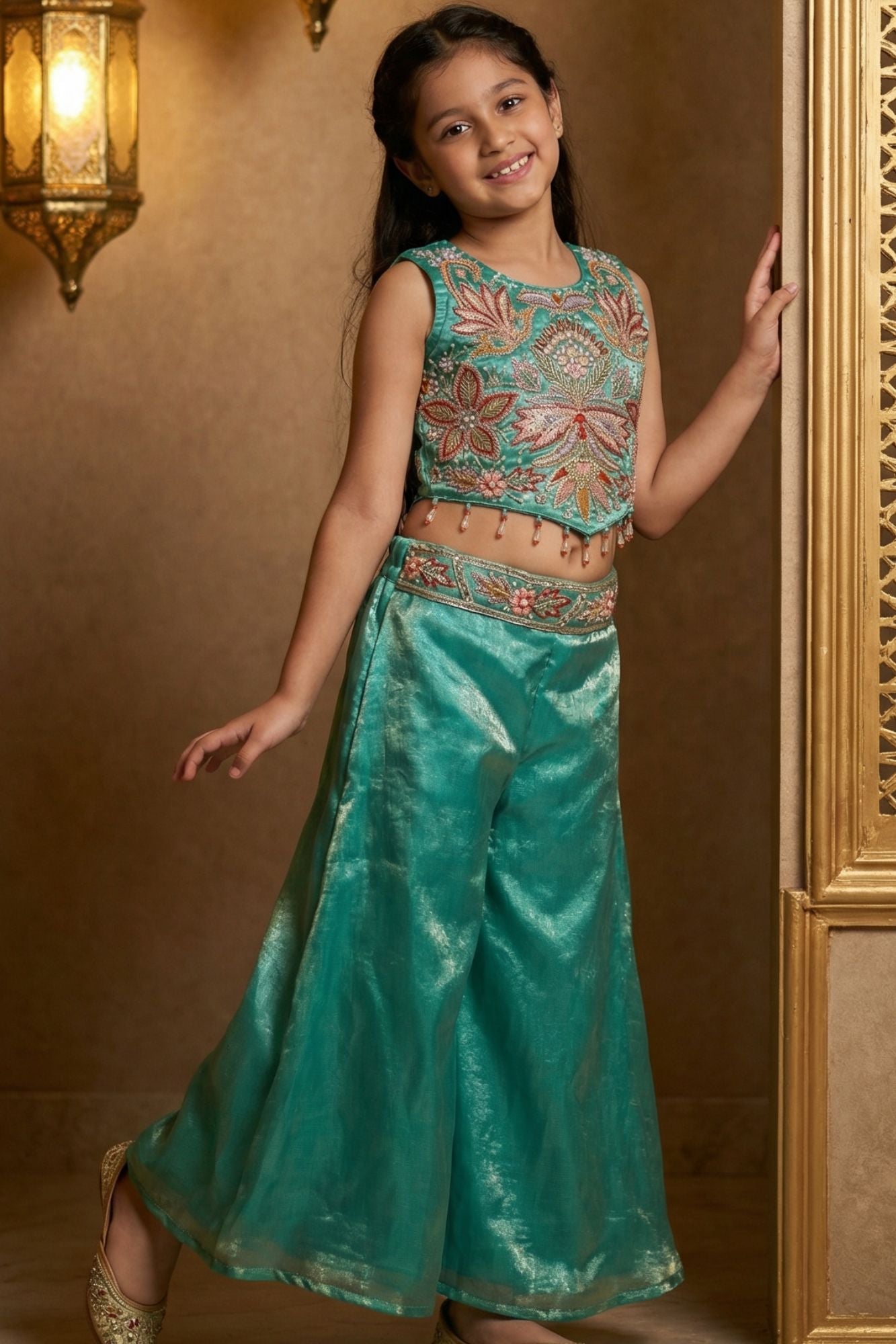 Sea Green Sequins Work With Thread Embroidery For Palazzo Set For Girls