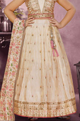 Cream Embroidered And Sequin Work Lehenga Choli For Girls