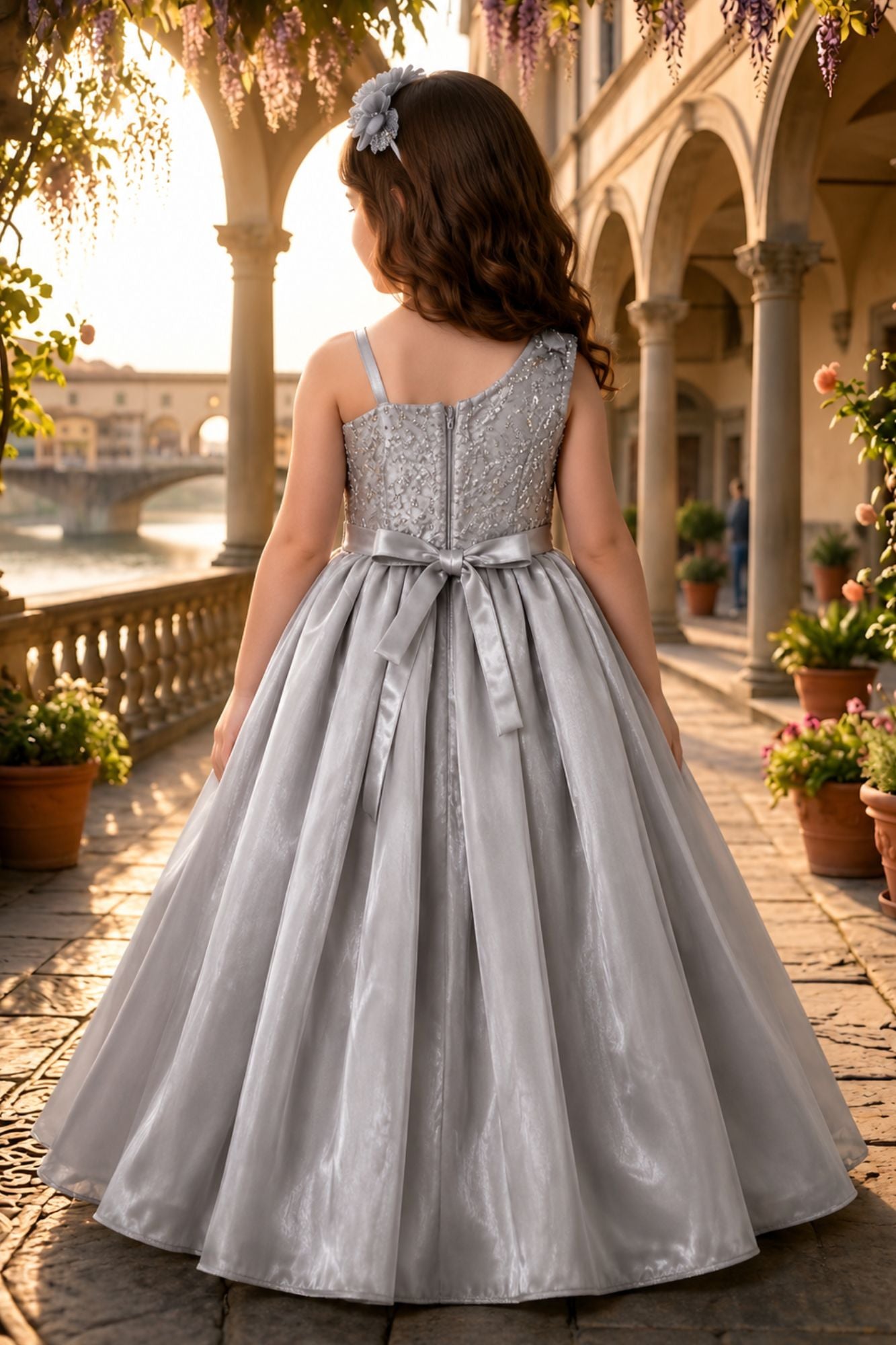 Grey One-Shoulder Embroidered Party Wear Gown for Girls